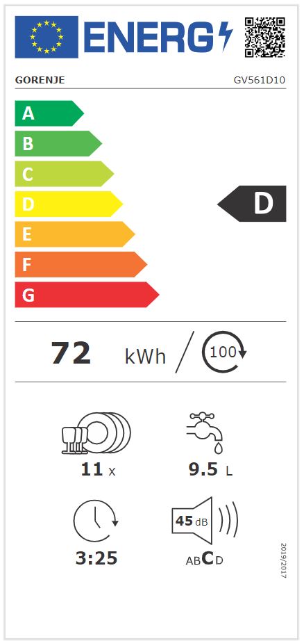Gorenje GV561D10 teljesen beépíthető keskeny mosogatógép, 11 teríték, inverteres motor, 3 kosár, automatikus ajtónyitás, 44.8x55x81.5 cm 