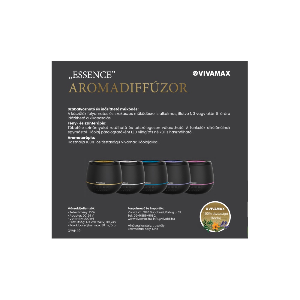 Vivamax GYVH49 Essence aromadiffúzor, ultrahangos párásító