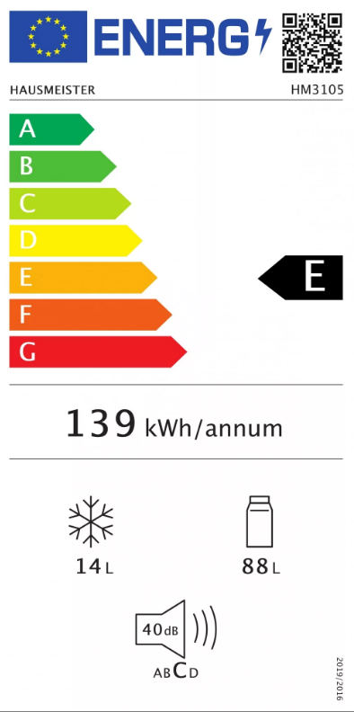 Hausmeister HM3105E egyajtós hűtőszekrény fagyasztóval 88/14L, E energiaosztály 