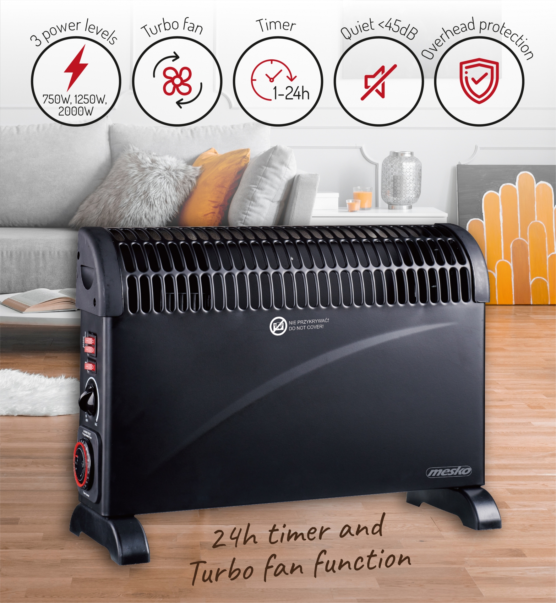 Mesko MS7741B elektromos konvektor időzítővel, turbo ventillátor fokozat, 750W, 1250W, 2000W