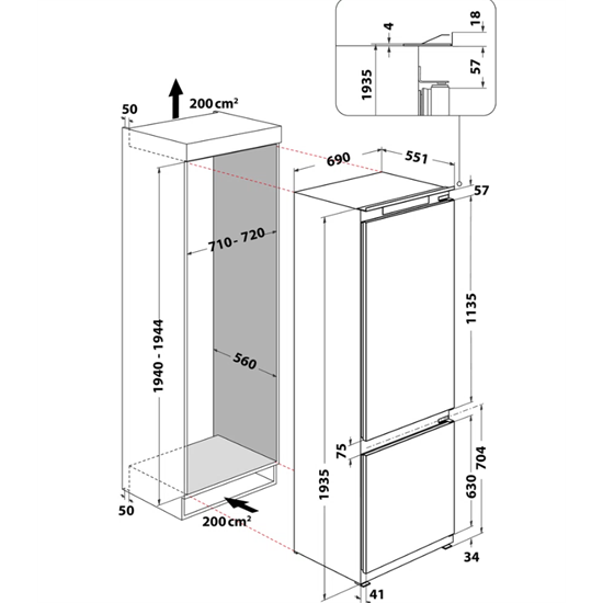Whirlpool WH SP70 T232 P beépíthető alulfagyasztós kombinált hűtőszekrény 193cm, 295/99L, Total No Frost 