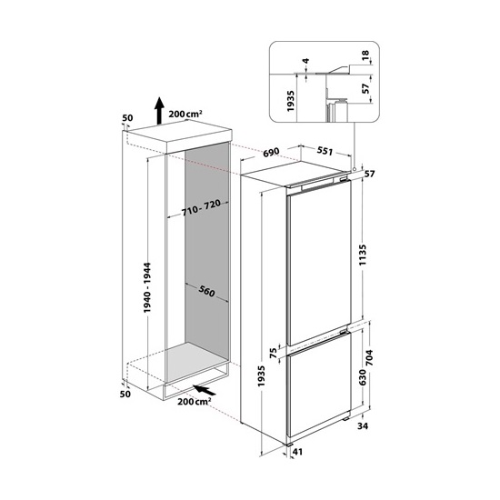Whirlpool WH SP70 T241 P beépíthető alulfagyasztós kombinált hűtőszekrény, 295/99L, 193cm magas, Total No Frost 