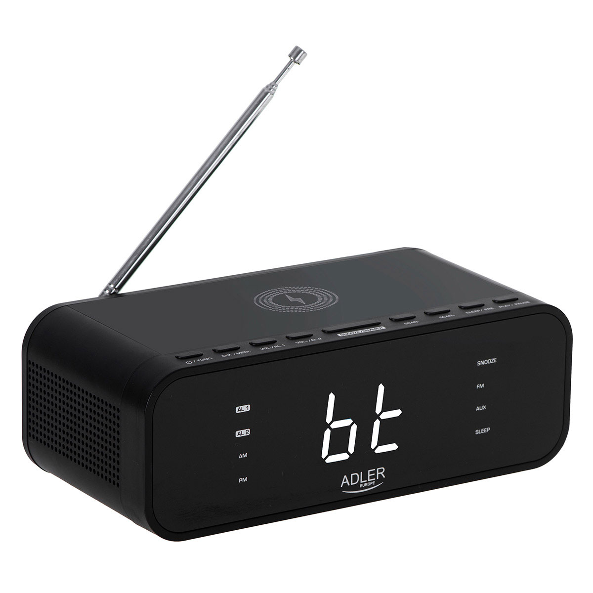 Adler AD1192B Órarádió Qi töltővel FM rádióval, ébresztőórát kis bluetooth hangszóróként is használhatja