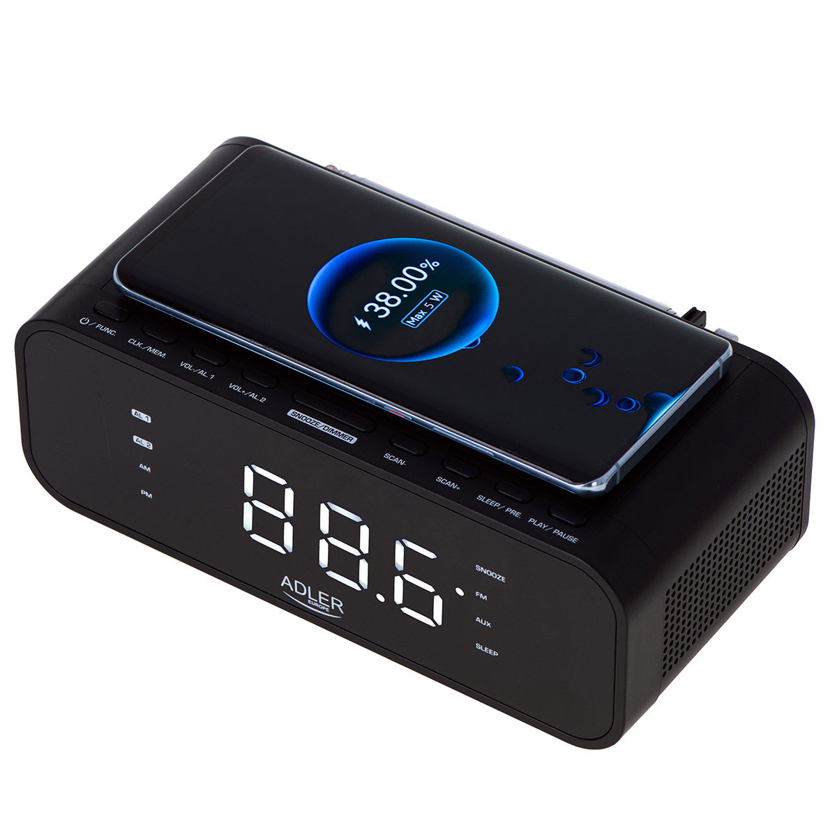 Adler AD1192B Órarádió Qi töltővel FM rádióval, ébresztőórát kis bluetooth hangszóróként is használhatja