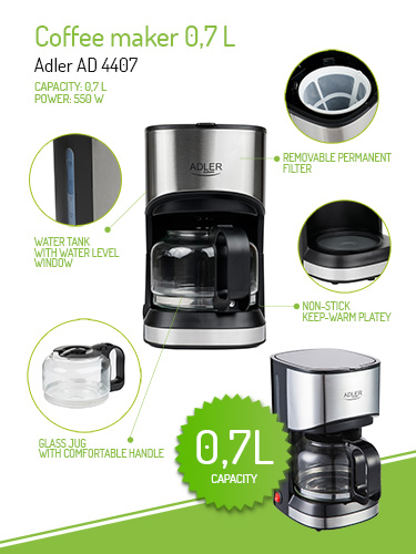 Adler AD4407 tea - kávéfőző inox 0,7l