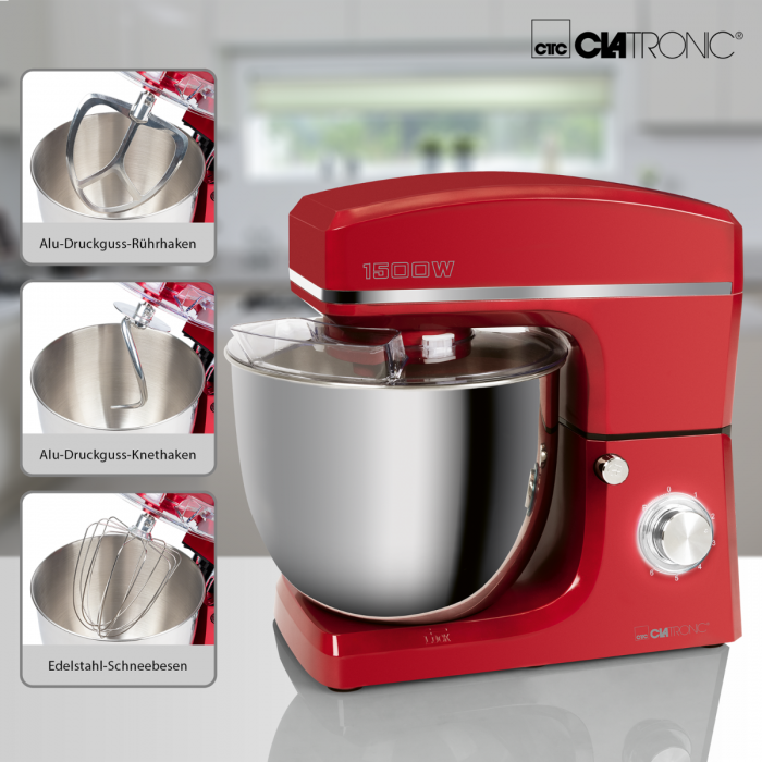 Clatronic KM 3765 piros robotgép 1500W extra nagy, 10 literes rozsdamentes acél tál 6-6,5kg tészta elkészítéséhez