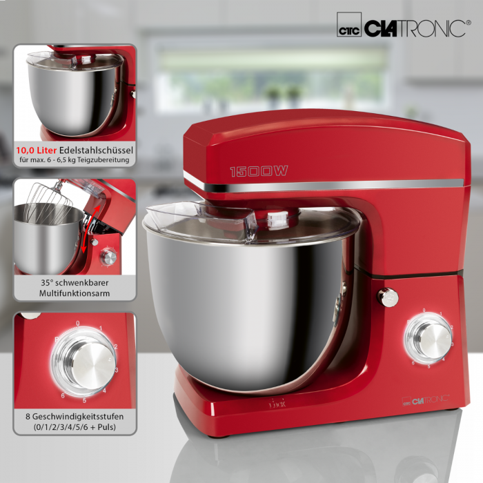 Clatronic KM 3765 piros robotgép 1500W extra nagy, 10 literes rozsdamentes acél tál 6-6,5kg tészta elkészítéséhez