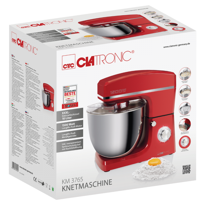 Clatronic KM 3765 piros robotgép 1500W extra nagy, 10 literes rozsdamentes acél tál 6-6,5kg tészta elkészítéséhez