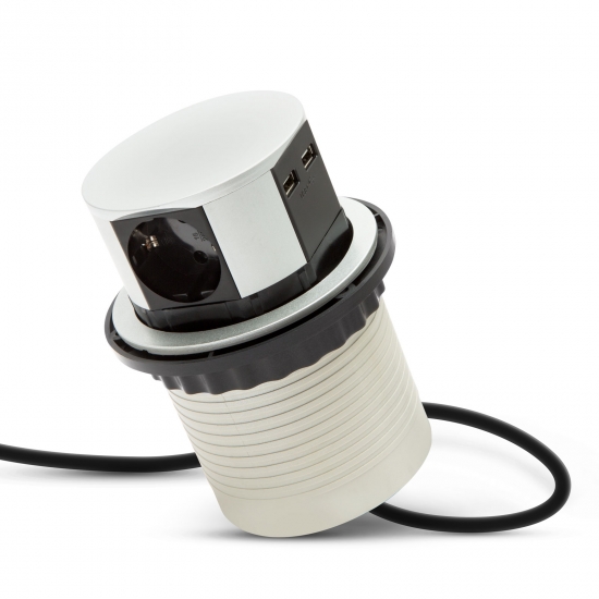 Delight 3-as + USB silver süllyeszthető elosztó irodai és otthoni felhasználásra, fém házzal GL20433