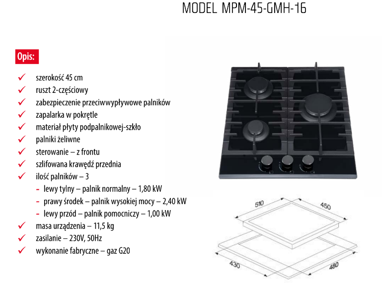 MPM MPM45 GMH16 45cm-es beépíthető gáz főzőlap MPM-45-GMH-16