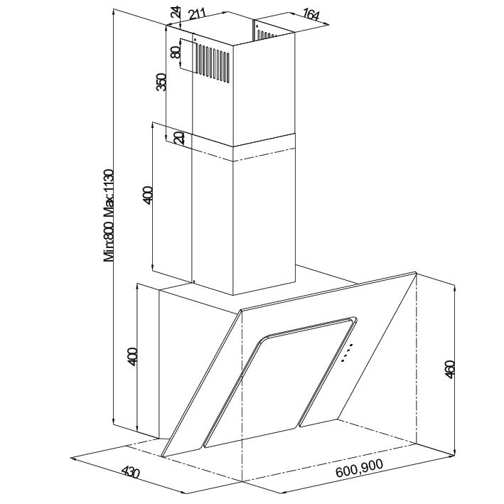 SILVERLINE 3423 U-LINED 90cm fekete fali döntött üveg páraelszívó 3423.9.652.01 fekete