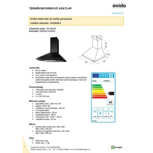 Evido ONDA 60W CHO6XW.4 fehér kürtős elszívó