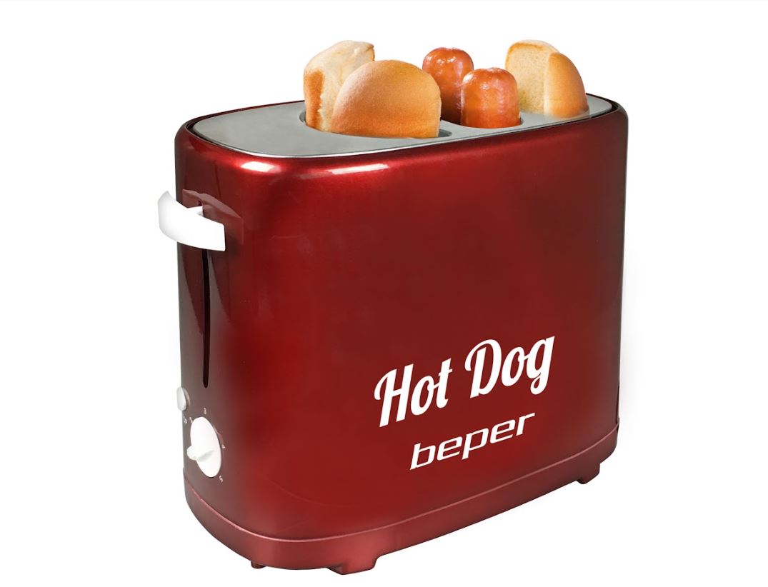 Beper BT.150Y Hotdog készítő piros kivehető virslisütő állvány és kenyérmelegítő funkcióval