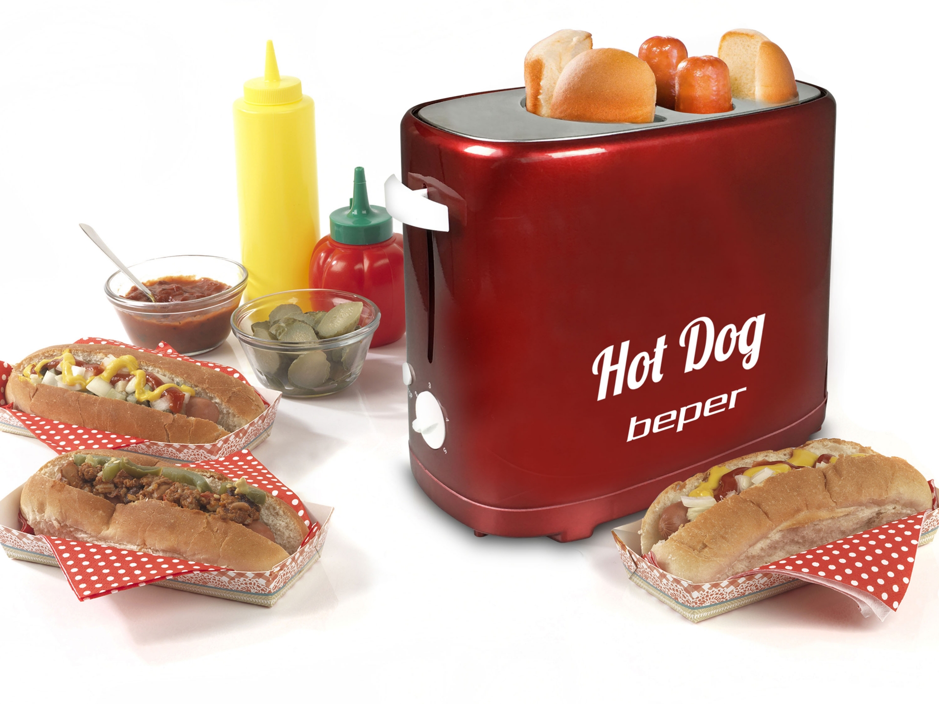 Beper BT.150Y Hotdog készítő piros kivehető virslisütő állvány és kenyérmelegítő funkcióval