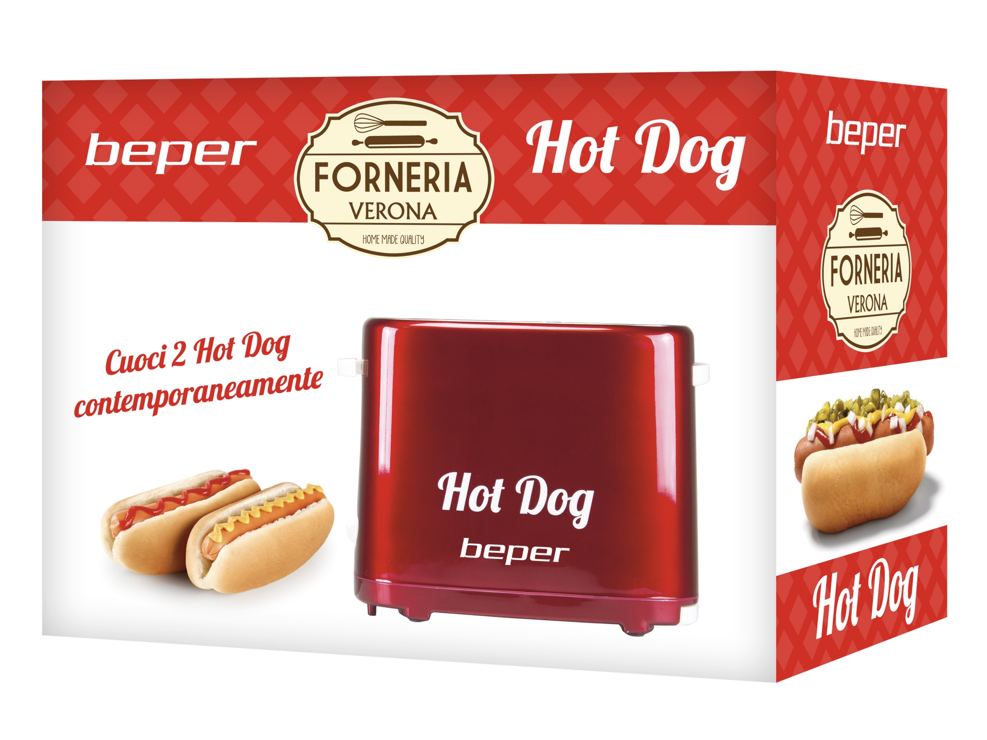 Beper BT.150Y Hotdog készítő piros kivehető virslisütő állvány és kenyérmelegítő funkcióval