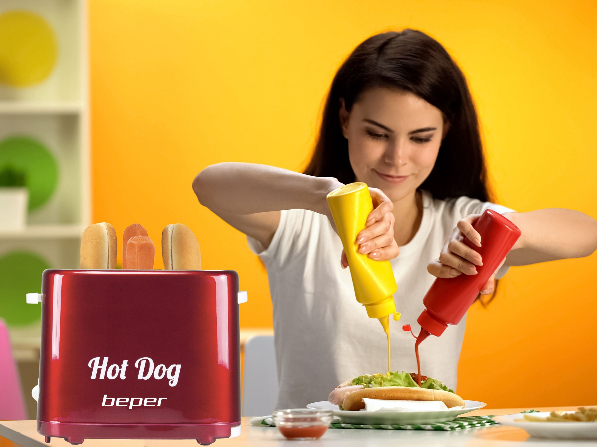Beper BT.150Y Hotdog készítő piros kivehető virslisütő állvány és kenyérmelegítő funkcióval