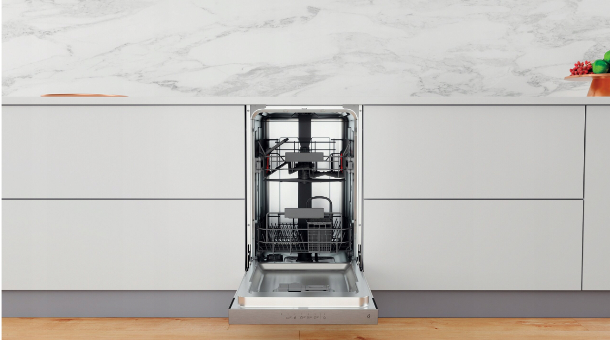 Whirlpool WSBC 3M27 X beépíthető kezelőpaneles keskeny mosogatógép,10 teríték,45x55.5x82cm,inox