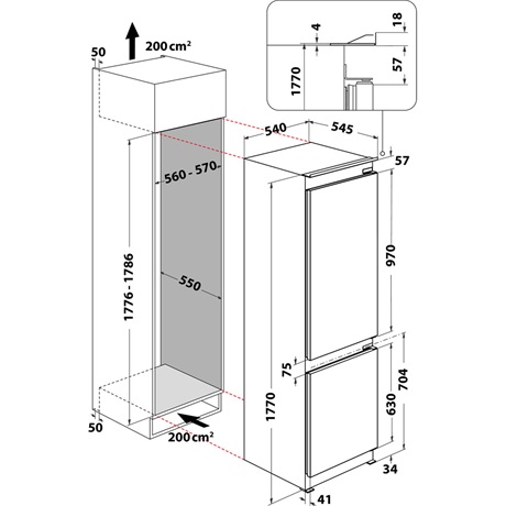Whirlpool WHC18 T574 P beépíthető Total No Frost alulfagyasztós kombinált hűtőszekrény, MultiFreshbox, Fresh Box+, C kat.,LED kijelző, vakáció mód, Metal Multi flowPrémium belső 177x54x54,5 cm