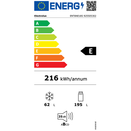 Electrolux ENT6NE18S NoFrost beépíthető alulfagyasztós kombinált hűtőszekrény, 54.6x54.9x177.2 cm, 195/62L  