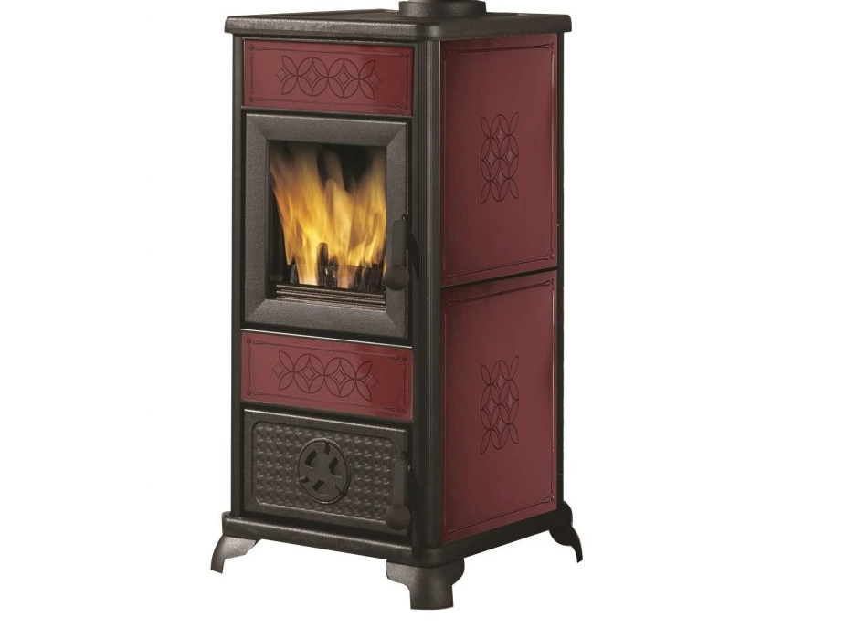 Edilkamin Decor EK63 bordeaux 7,2kW kandalló díszített kerámia oldalakkal és betétekkel, öntöttvas ajtóval és lábakkal 
