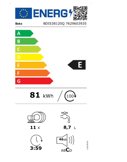 Beko BDIS38120Q keskeny beépíthető mosogatógép 11 teríték, 44.8x55x81.8 cm