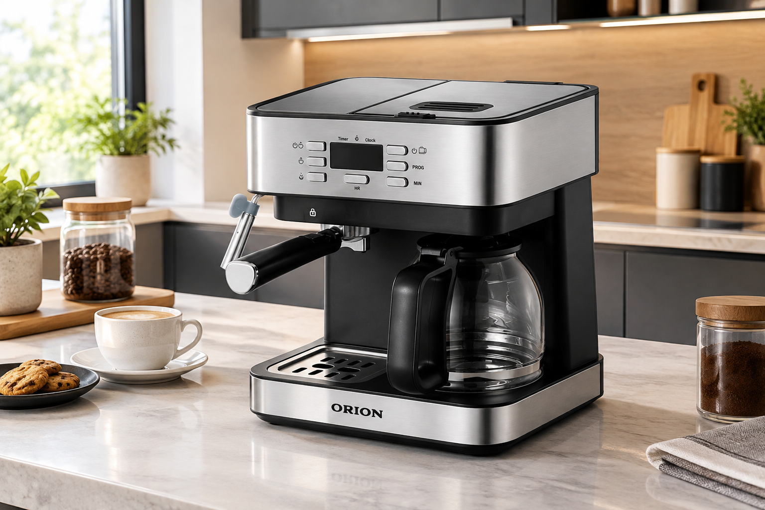 Orion CM6873 presszó kávéfőző 2az1ben, tejhabositó funkció, 850W, inox/fekete szín