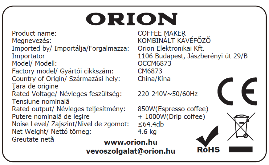 Orion CM6873 presszó kávéfőző 2az1ben, tejhabositó funkció, 850W, inox/fekete szín