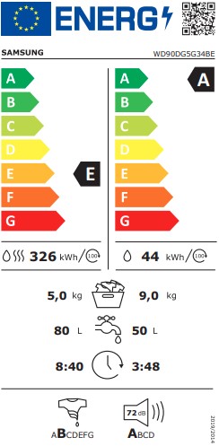 Samsung WD90DG5G34BELE mosó-szárítógép, gőz, Wifi, 9/5 kg, inverter motor, 60x56x85 cm 
