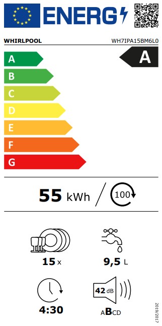 Whirlpool WH7IPA15BM6L0 teljesen beépíthető mosogatógép, 15 teríték, automatikus ajtónyitás, 59.8x55.5x82 cm
