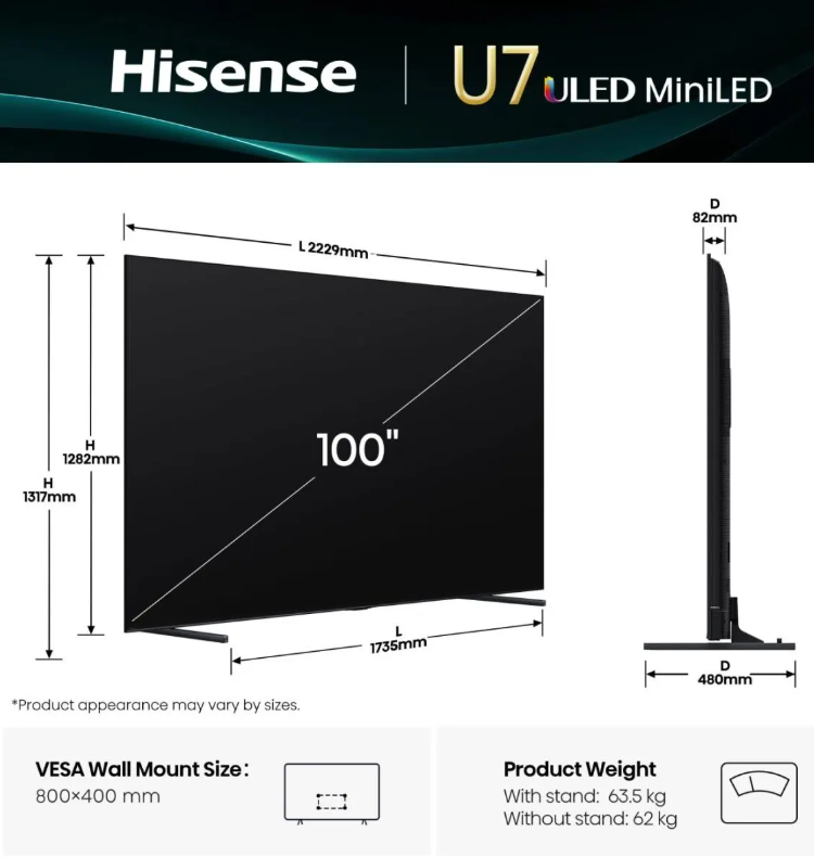 Hisense 100U7Q 4K UHD Smart MiniLED ULED TV, 100", 254 cm