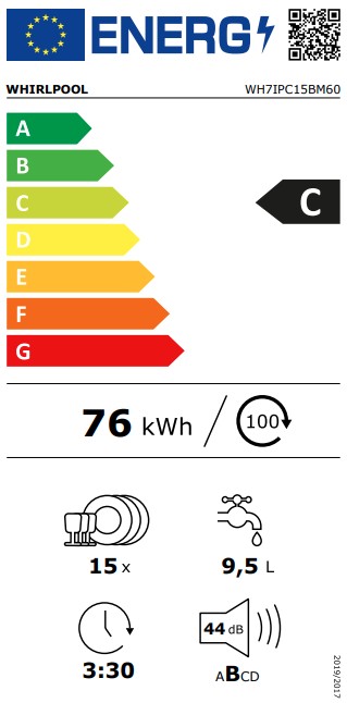 Whirlpool WH7IPC15BM60 teljesen beépíthető mosogatógép, 3 kosár, automatikus ajtónyitás, 15 teríték, 59.8x55.5x82 cm