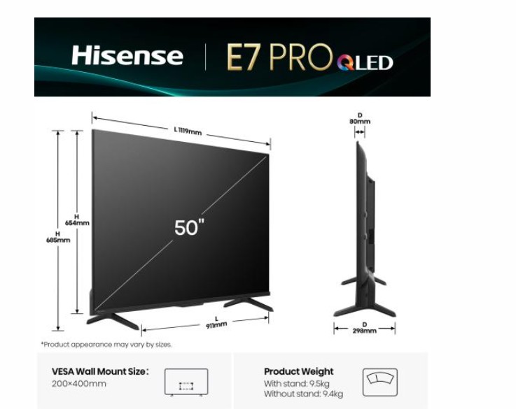 Hisense 50E7QPRO 4K UHD Smart QLED TV, 50", 127 cm 