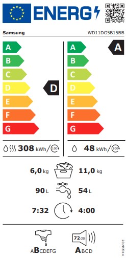 Samsung WD11DG5B15BBLE mosó-szárítógép, gőz, Wifi, 11/6 kg, 60x60x85 cm, fekete szín 