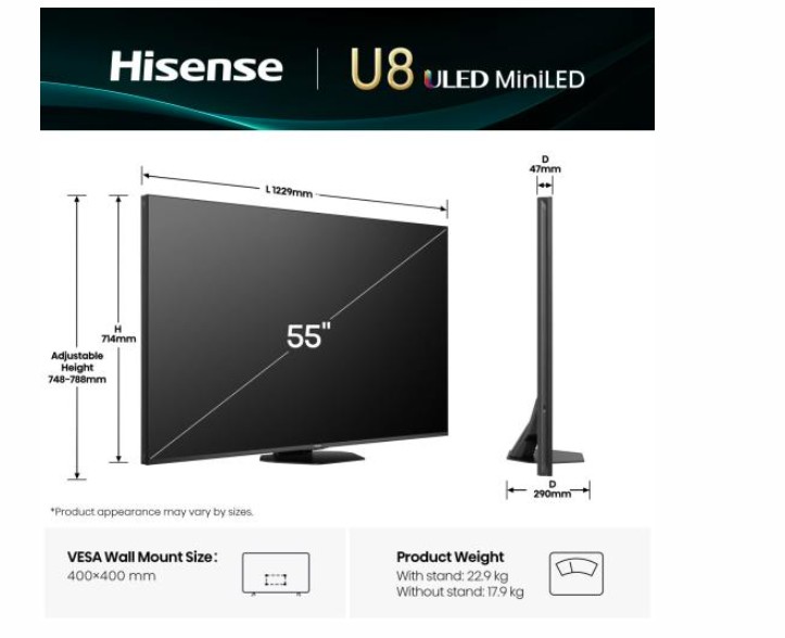 Hisense 55U8Q 4K UHD Smart MINI ULED TV, 55", 139.7 cm