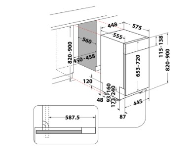 Whirlpool WH6PB10BS7A0 beépíthető kezelőpaneles mosogatógép, 10 teríték, 3 kosár, automatikus ajtónyitás, 44.8x55.5x82 cm