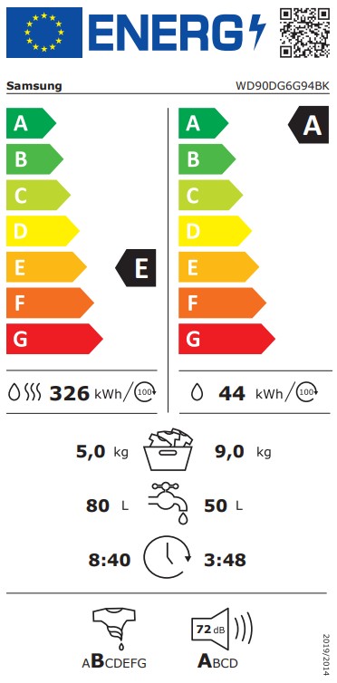 Samsung WD90DG6G94BKU4 mosó-szárítógép, 9/5kg, Wifi, gőz, inverter motor, 60x49x85 cm 