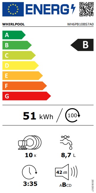 Whirlpool WH6PB10BS7A0 beépíthető kezelőpaneles mosogatógép, 10 teríték, 3 kosár, automatikus ajtónyitás, 44.8x55.5x82 cm