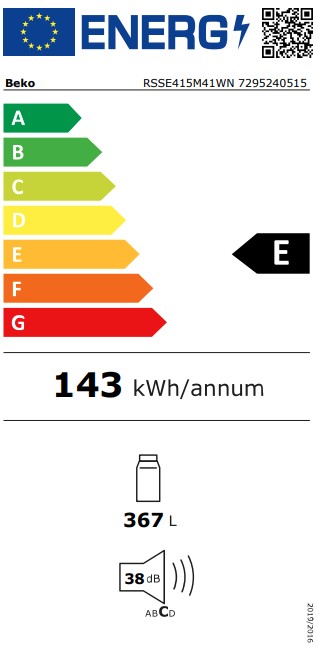 Beko RSSE415M41WN egyajtós hűtőszekrény, 367L, 59.5x70x171.4 cm