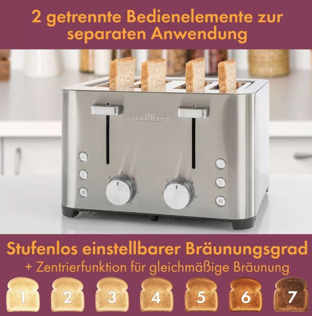Proficook PC-TA 1252 kenyérpirító, 4 szeletes, 1500W, inox, retro design, kiolvasztás, melegítő funkcióval