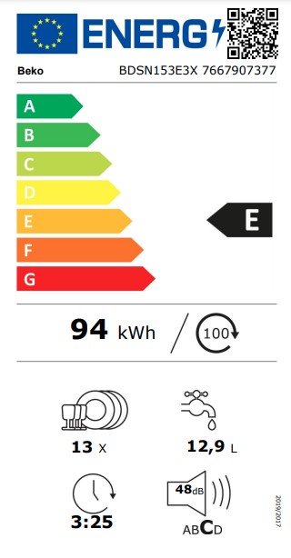 Beko BDSN153E3X beépíthető kezelőpaneles mosogatógép, 13 teríték, 59.8x57x81.8 cm, ujjlenyomatmentes inox szín 