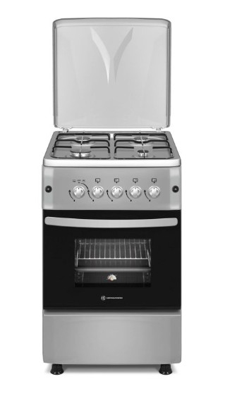 Novacook F5S40G2 INOX gáztűzhely, 50L, gáz sütő alsó-felső külön kapcsolható gázrózsa a sütőben, szikragyújtás, sütővilágítás, 50x55x87 cm, inox 