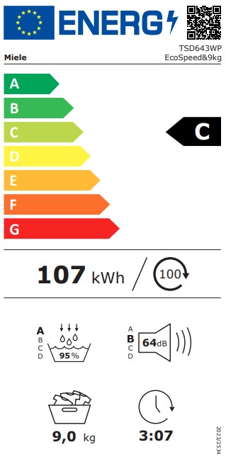 Miele TSD643WP EcoSpeed hőszivattyús szárítógép, 9 kg, inverter motor, 59.6x64.3x85 cm 