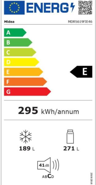 Midea MDRS619FIE46 Total No Frost side by side hűtőszekrény, inverter motor, 271/189L, Wifi, 83.5x63.5x177.5 cm, inox szín 