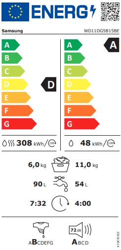 Samsung WD11DG5B15BELE mosó-szárítógép, 11/6 kg, inverter motor, gőz, Wifi, 60x60x85 cm 