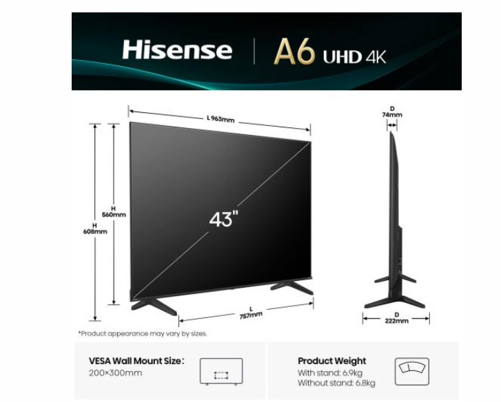 Hisense 43A6Q UHD Smart LED TV, 43", 109.22 cm