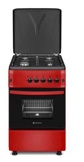 Novacook F5S40G2 R LPG gáztűzhely PB palackos felhasználásra gyártott, reduktorral tömlővel szerelt tűzhely, szikragyújtás, sütővilágítás, gáz grill, meggypiros/fekete szín