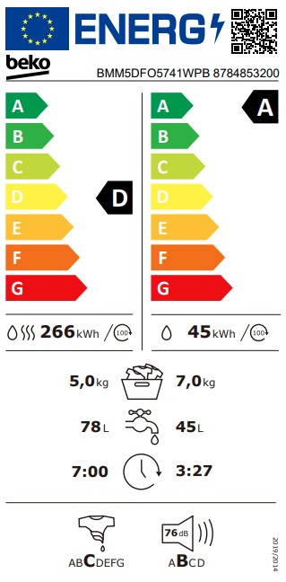 Beko BMM5DFO5741WPB mosó-szárítógép, 7/5 kg, inverter motor, 60x52x84.7 cm