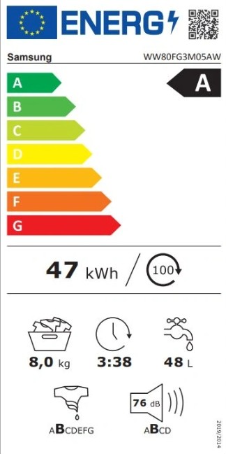 Samsung WW80FG3M05AWLE elöltöltős mosógép, 8 kg, gőz, inverter motor, 59.5x48x85 cm
