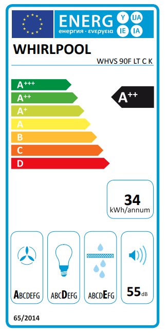Whirlpool WHVS 90F LT C K beépíthető falra szerelhető döntött kürtös konyhai elszívó, 50.4x37x89.8 cm, fekete szín 