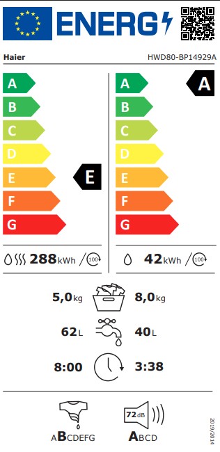 Haier HWD80-BP14929A mosó-szárítógép, 8/5 kg, inverter motor, gőz, 59.5x52.5x85 cm